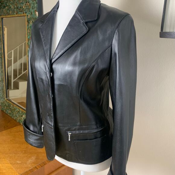 Vintage I.E. Size M Womens 100% Leather Blazer Jacket Black Outdoor Classic Soft - Picture 4 of 15